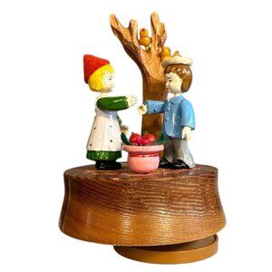 Vtg Kitschy Hand Carved Wood Rotating Music Box Boy & Girl Birds Tree Apples